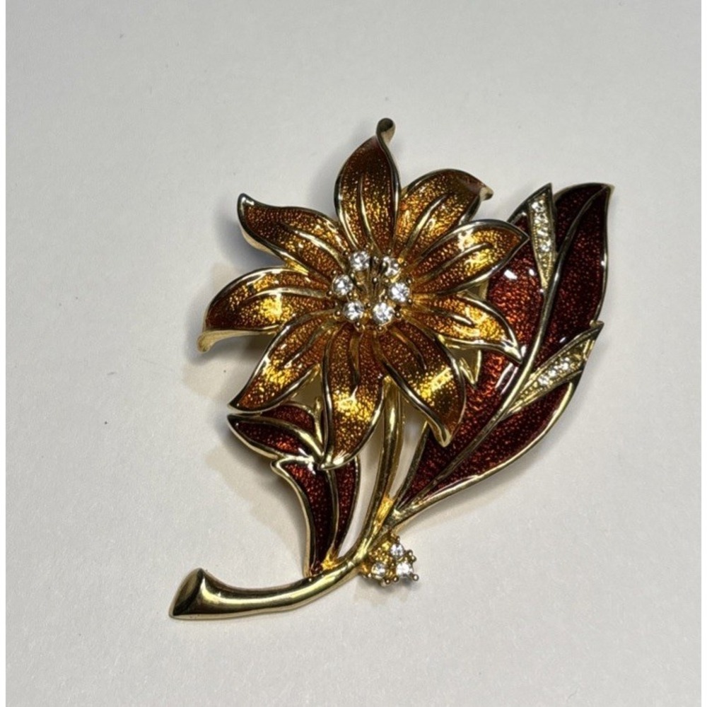 Signed BEST Orange Red Enamel Flower Brooch Rhinestone Gold Tone Floral Pin 2"